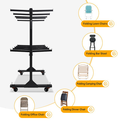 Folding Chair Cart, 2-Tier Heavy Duty Chair Storage Rack with Wheels, Holds 84 Chairs or 42 Chairs + 12 Tables, 1000 lbs Capacity, Locking Casters, Cover & Straps for Events, Church, School