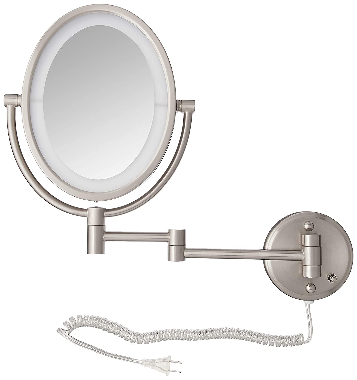 JERDON Two-Sided Wall-Mounted Makeup Mirror with Lights - Lighted Makeup Mirror with 10X Magnification & Wall-Mount Arm - Oval Mirror with Nickel Finish Wall Mount - Model HL9515NL