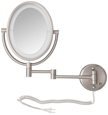 JERDON Two-Sided Wall-Mounted Makeup Mirror with Lights - Lighted Makeup Mirror with 10X Magnification & Wall-Mount Arm - Oval Mirror with Nickel Finish Wall Mount - Model HL9515NL