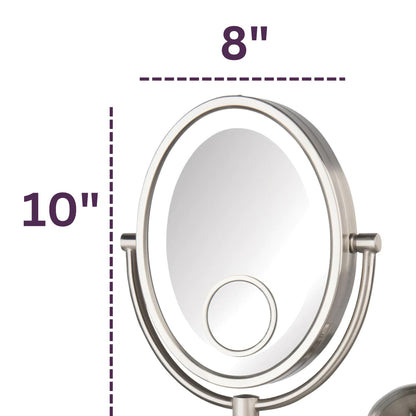 JERDON Two-Sided Wall-Mounted Makeup Mirror with Lights - Lighted Makeup Mirror with 10X Magnification & Wall-Mount Arm - Oval Mirror with Nickel Finish Wall Mount - Model HL9515NL