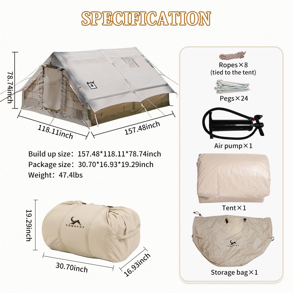 TOMOUNT Inflatable Tents 13ft*High6.5ft Large Air Glamping Tents with Pump for Family Camping 4 Seasons 6~8 Person Tent Waterproof