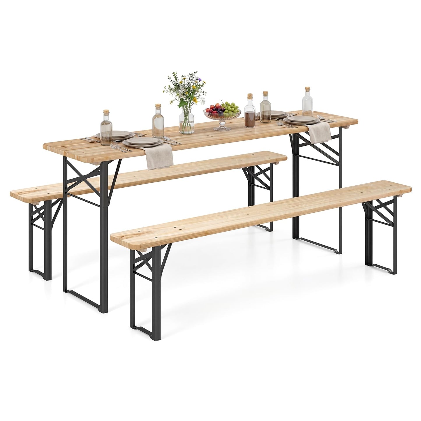 Giantex 70 Inch Folding Picnic Tables with Benches Set, Solid Wood Camping Beer Table Bench Set with Metal Frame, 3-Piece Portable Patio Dining Furniture, Indoor & Outdoor Folding Table and Chairs