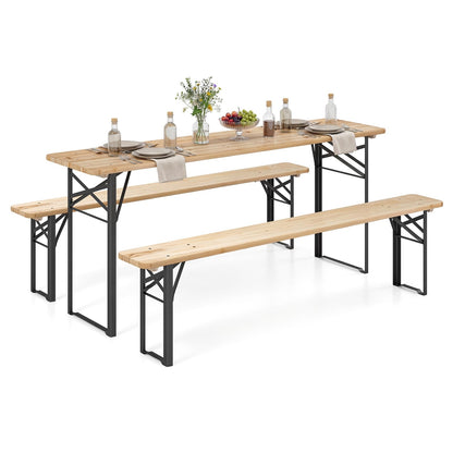Giantex 70 Inch Folding Picnic Tables with Benches Set, Solid Wood Camping Beer Table Bench Set with Metal Frame, 3-Piece Portable Patio Dining Furniture, Indoor & Outdoor Folding Table and Chairs