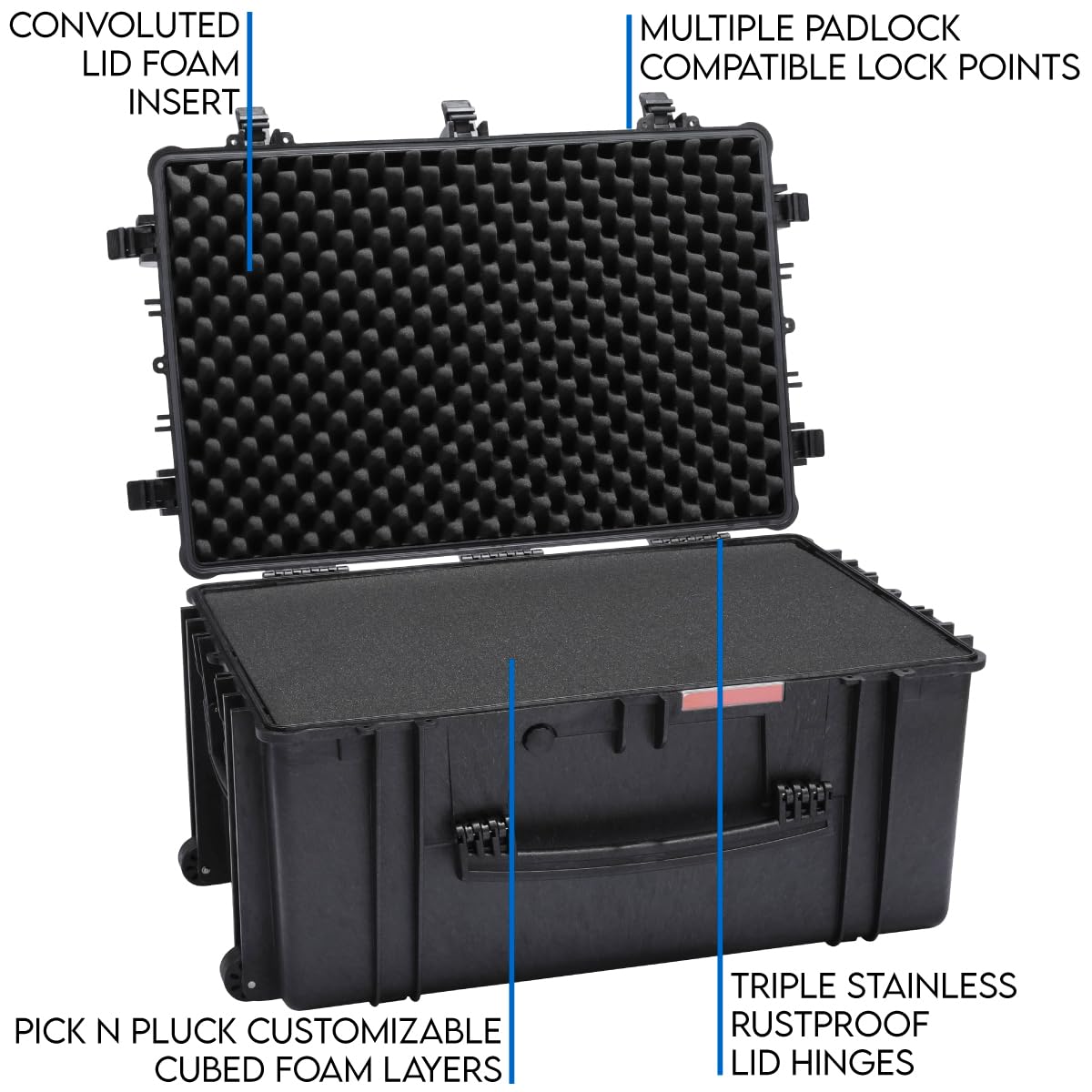 DCB Cases - Element 8505F | 34 x 22 x 17 Ext Dim | Waterproof | Pluck Foam Insert | Telescoping Handle | Rubberized Grips | Resin-Reinforced Injection Molded Plastic | 7 Latch Lid Close | Wheels