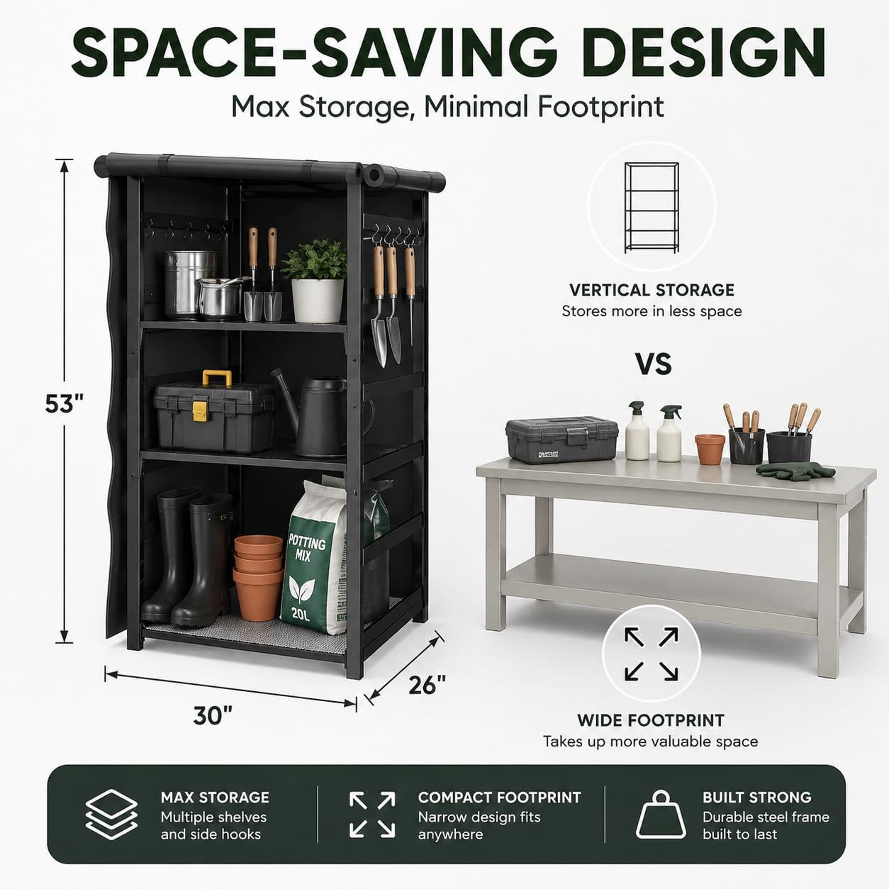 53 inch Multi-Purpose Outdoor Storage Organizer for Air Fryers, BBQ Tools and Gardening Gear – Heavy Duty Metal Utility Shelf with Adjustable Layers, Double Side Hooks and Compact Patio Design