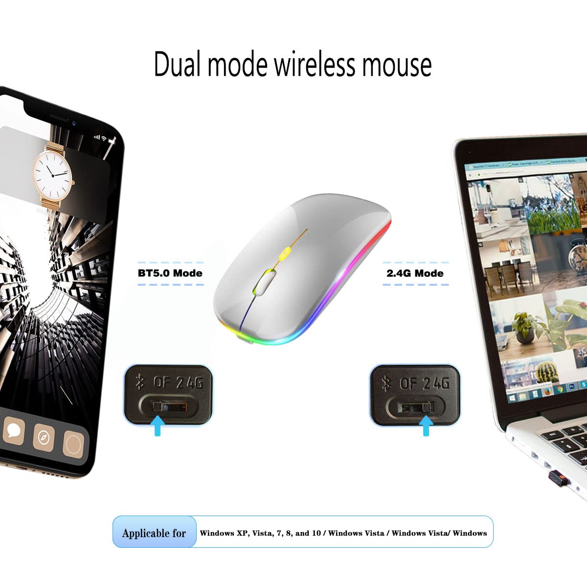 Wireless Bluetooth Mouse Rechargeable Laptop Mice with LED Lights Silent Slim Use(BT5.2 and 2.4G Portable USB Receiver)Dual Mode Computer Mouse for Laptop/iPad/Tablet/Apple/Computer/Mac(Black)