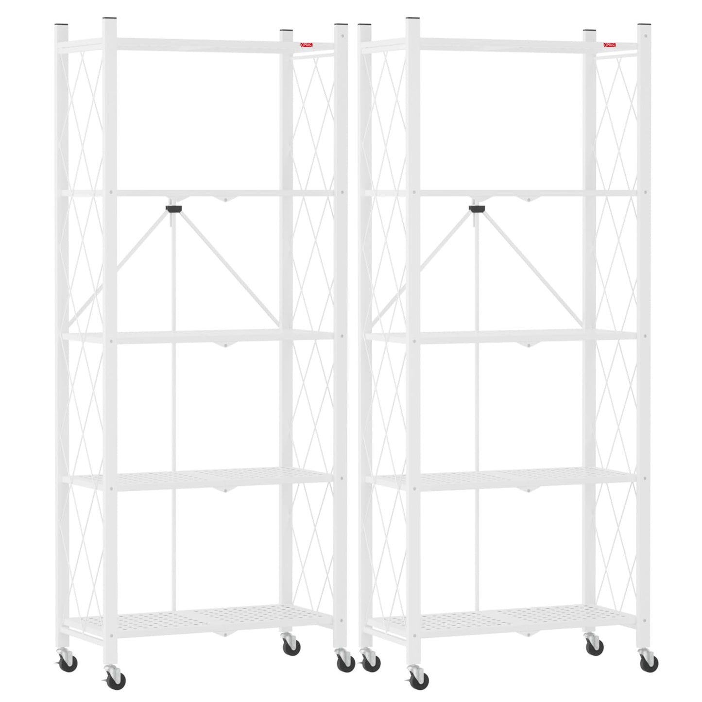 DEANIC 5-Shelf Folding Bookcase with Wheels, Heavy Duty Storage Shelves, Freestanding Metal Wire Shelving Unit for Living Room, Office, Kitchen, Basement, Pantry(White 2 Pack)