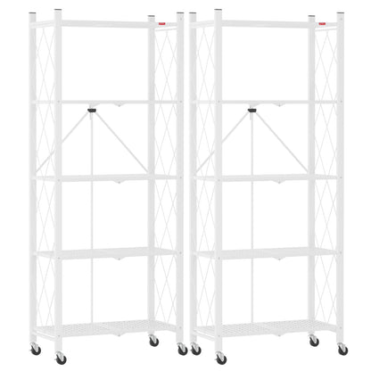 DEANIC 5-Shelf Folding Bookcase with Wheels, Heavy Duty Storage Shelves, Freestanding Metal Wire Shelving Unit for Living Room, Office, Kitchen, Basement, Pantry(White 2 Pack)
