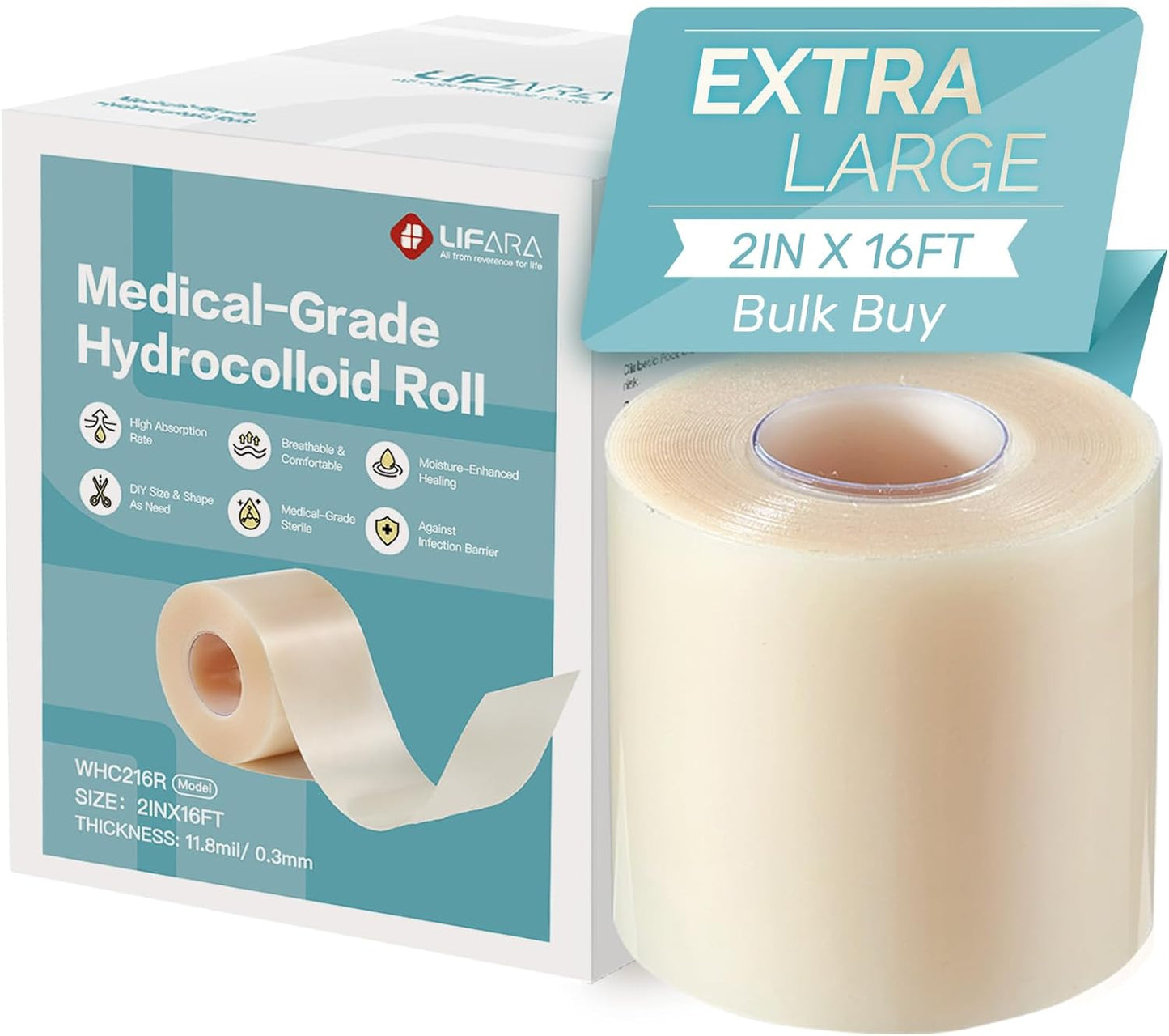 LIFARA Hydrocolloid Roll - Self-Adhesive Waterproof Bandages for Wound Care | 2in x 16ft, Ultra Absorbent