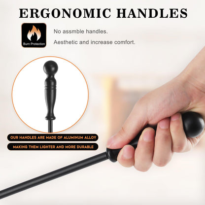 Gtongoko Fireplace Tools Set 5 Pcs 30.5 Inch Black Wrought Iron Large Fire Place Tool Set Indoor/Outdoor Include Poker, Shovel, Brush, Tong and Round Stand, Fireplace Kit Accessories Set