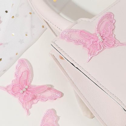 CABODYALS 1 Box 30PCS Light Pink Butterfly Lace Applique Butterflies Repair Patches Sew Embroidery Organza Faux Pearl Beaded Polyester Appliques for Sewing Making Clothes Wedding DIY Craft Supply