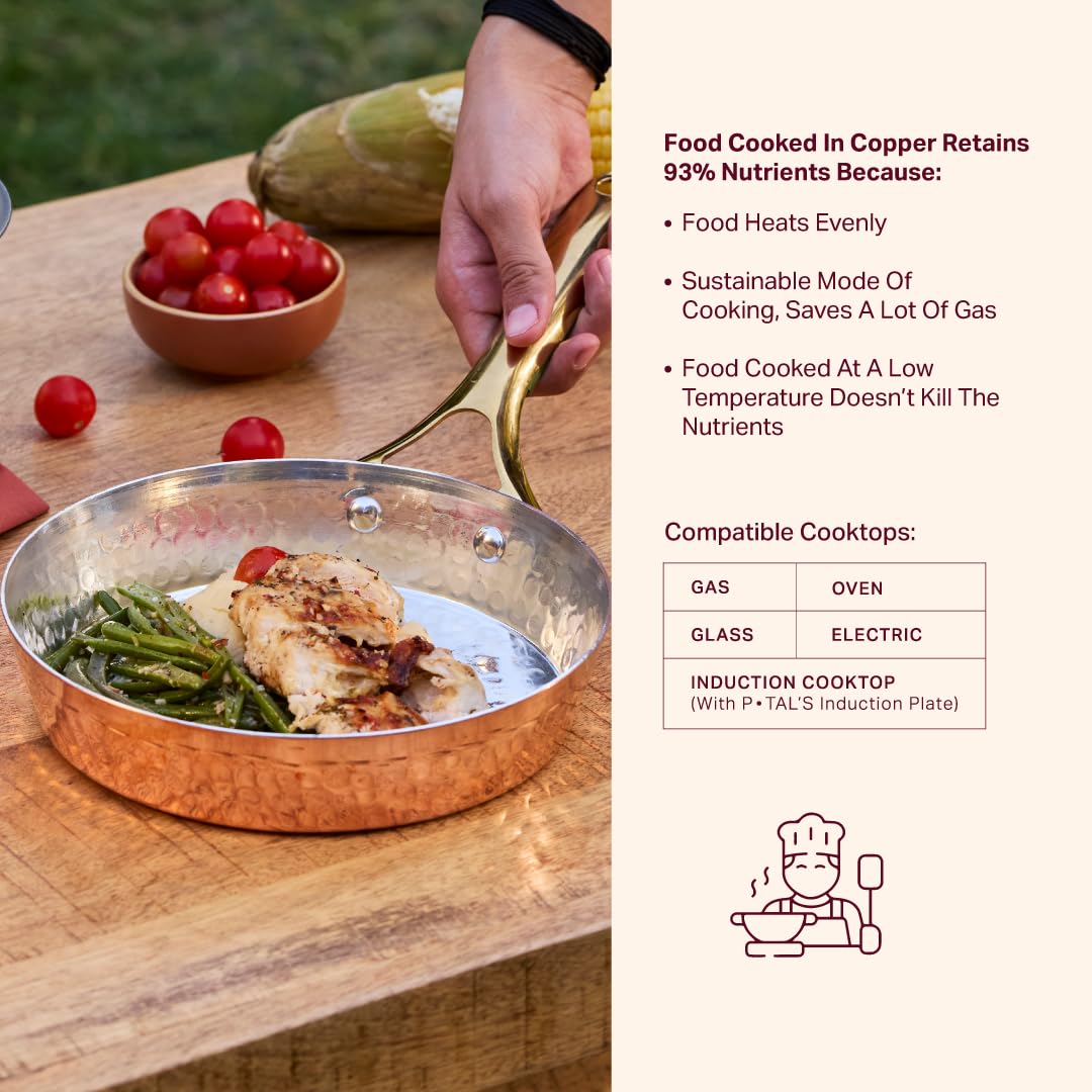 P-TAL Copper Frying Pan with Heat-Resistant Handle | 8.5 Inch Naturally Non-Stick Tin Coated Pan for Healthy Cooking | Traditional Design, Eco-Friendly & Durable Cookware