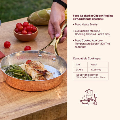 P-TAL Copper Frying Pan with Heat-Resistant Handle | 8.5 Inch Naturally Non-Stick Tin Coated Pan for Healthy Cooking | Traditional Design, Eco-Friendly & Durable Cookware