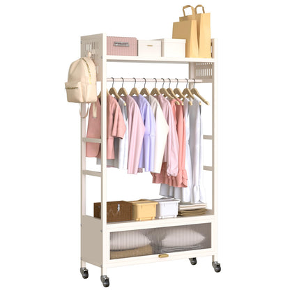 Freestanding Garment Rack, Portable Clothing Rack with Wheels and 4 Hooks, Rolling Organizer for Hanging Clothes and Storage, Wardrobe Shelves for Bedroom Living Room Home (Milky white, 100CM)