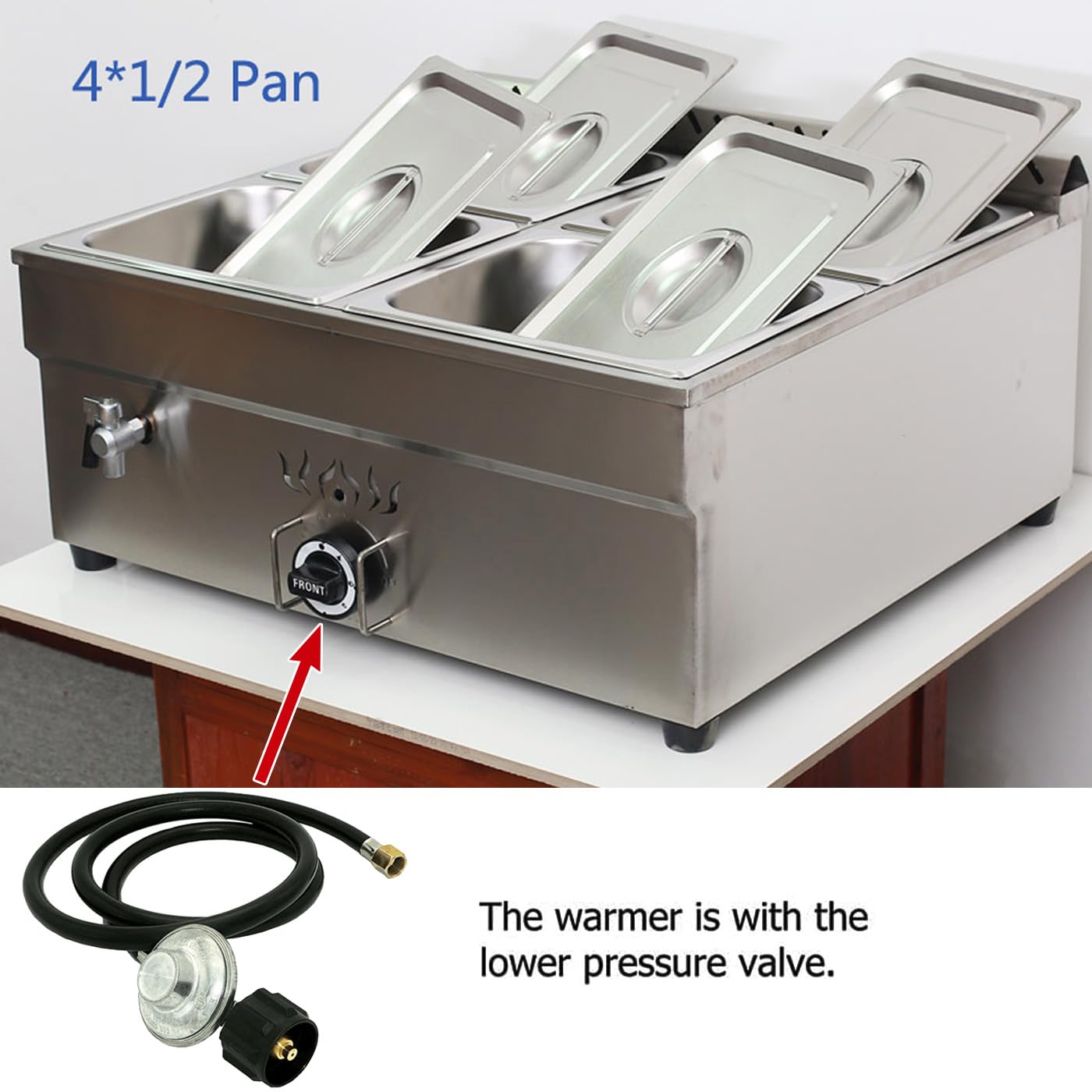 INTBUYING LP Gas Food Soup Warmer Propane Gas Stove Bain-Marie Commercial Canteen Buffet Steam Heater Stainless Steel with Gas Regulator Valve 12''x8.7''x4''Pan-4 Pans（Square）