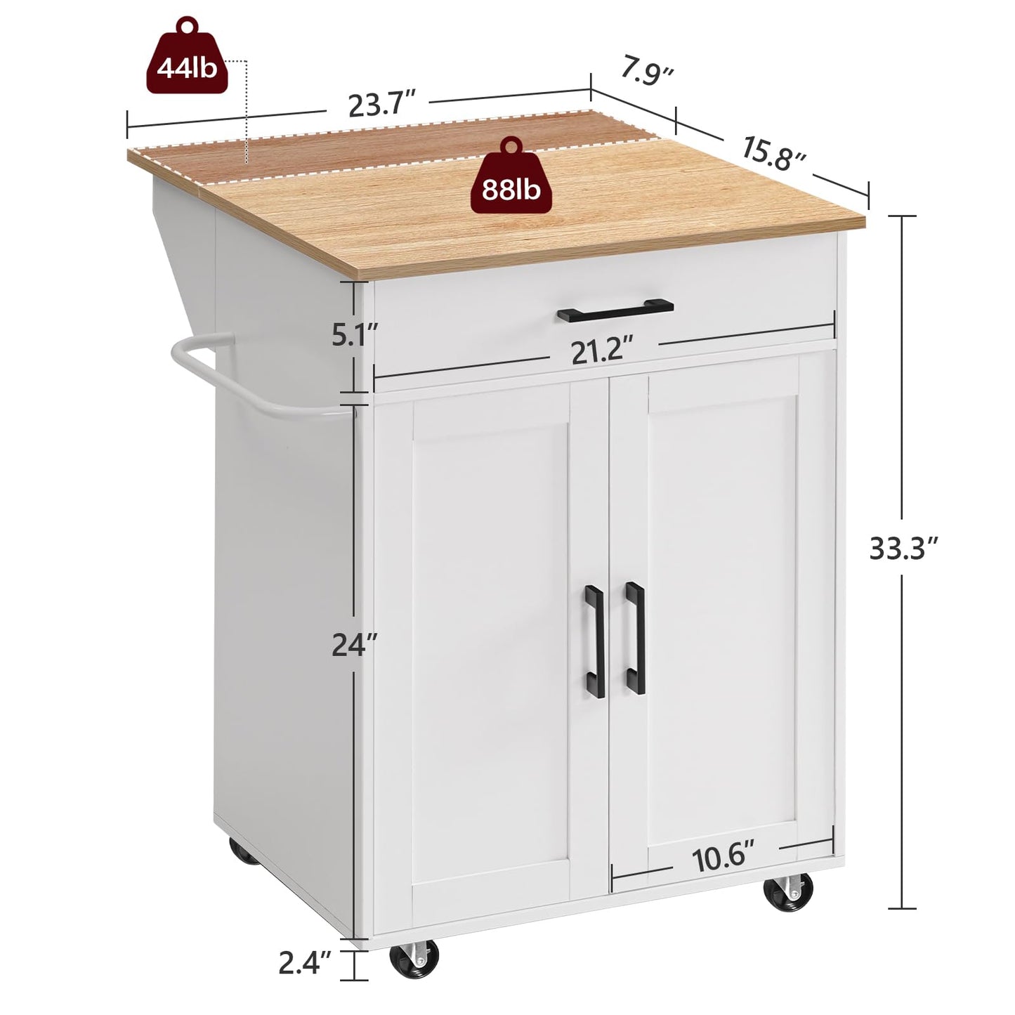 MAHANCRIS Kitchen Island on Wheels with Drop Leaf, Folding Countertop Kitchen Island Cart, Kitchen Island Table with Towel Rack, Drawer, for Kitchen, Dining Room, White and Natural KINW12501