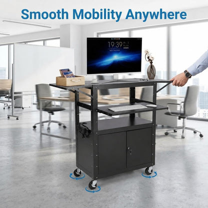 Adjustable Height AV Media Cart, 24-42 Inch Mobile Stand with Locking Storage, Extended Tray Organizer, Cable Management Wheels, for Home Office School