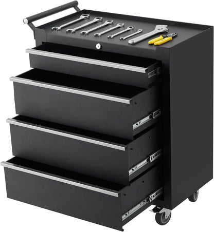 GarveeHome 4-Drawer Tool Chest, Rolling Tool Box with Wheels and Lock System, Portable Storage Rolling Tool Chest for Warehouse, Workshop & Repair Shop, Black