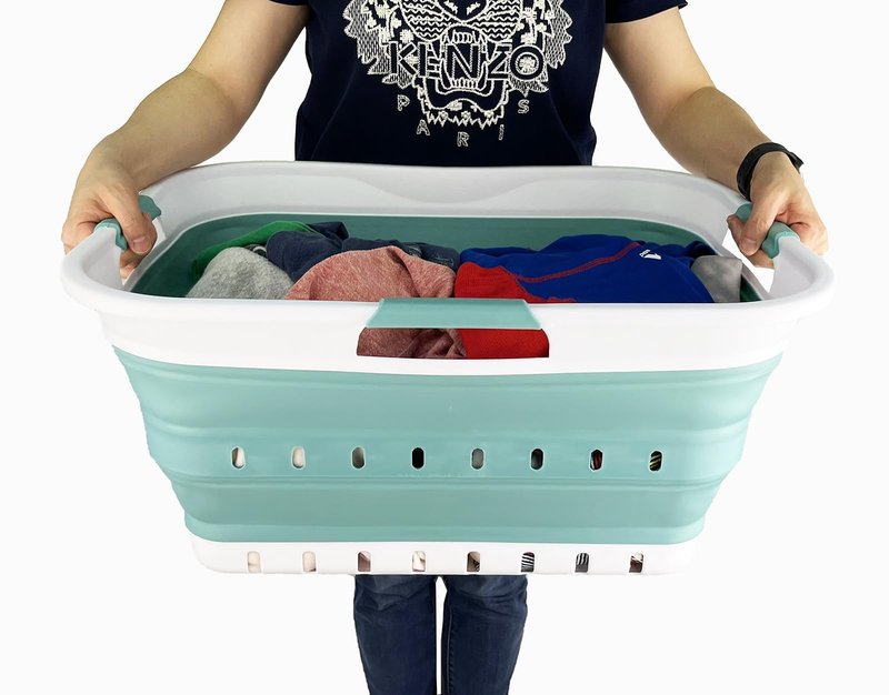 SAMMART 42L (11 gallon) Collapsible Plastic Laundry Basket - Foldable Pop Up Storage Container/Organizer - Space Saving Hamper/Basket (1, White/Celadon Green)