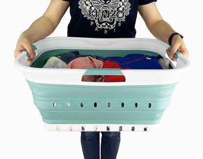 SAMMART 42L (11 gallon) Collapsible Plastic Laundry Basket - Foldable Pop Up Storage Container/Organizer - Space Saving Hamper/Basket (1, White/Celadon Green)