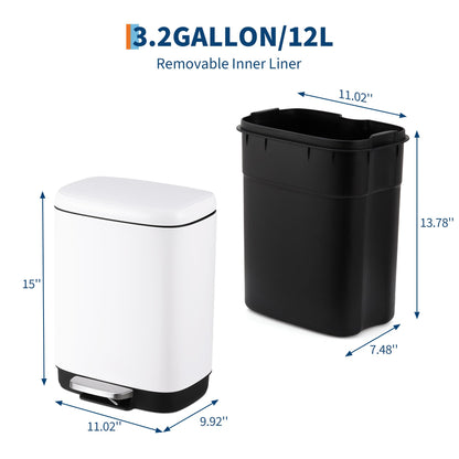 Stainless Steel Trash Can, 3.2 Gallon Lid, Soft Closing Pedal, Fingerprint Resistant, Durable, Suitable for Kitchen Bathroom Trash Can,White