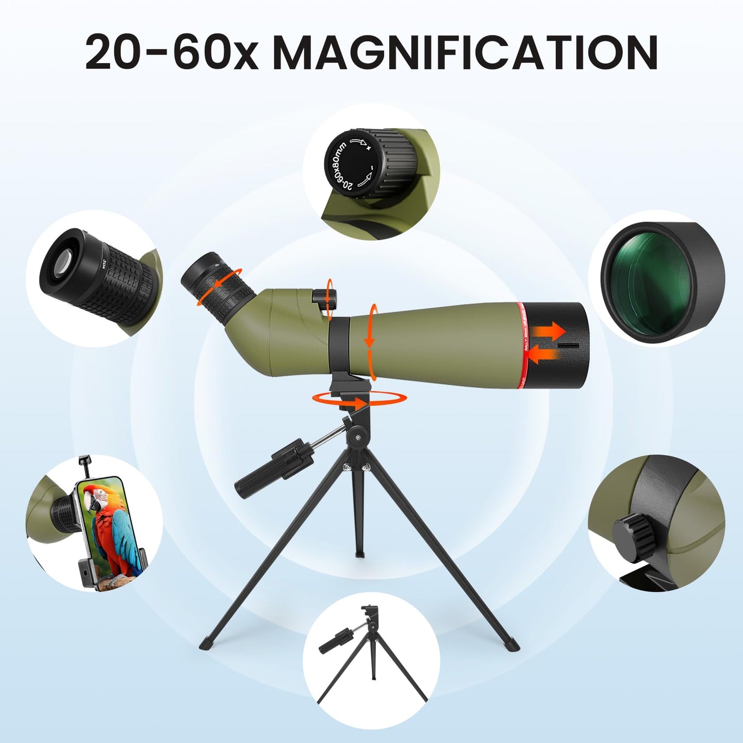 20-60x80 Spotting Scopes for Bird Watching, BAK4 Waterproof Spotting Scope for Target Shooting Wildlife Viewing Hiking Camping, HD Spotter Scope with Tripod Smartphone Holder and Carrying Bag