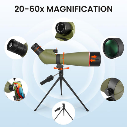20-60x80 Spotting Scopes for Bird Watching, BAK4 Waterproof Spotting Scope for Target Shooting Wildlife Viewing Hiking Camping, HD Spotter Scope with Tripod Smartphone Holder and Carrying Bag
