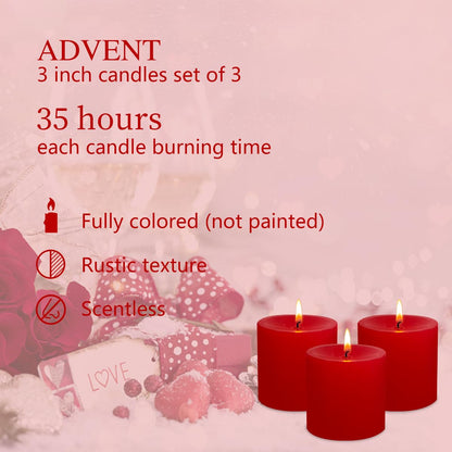 3" x 3" Hand-Poured Unscented Red Candle, Dripless Pillar Candle Set of 3, Long Clean Burning, Approx 40 Hours Burn Time, Rustic Country Style, Christmas, Wedding, Dinner and Home Decor