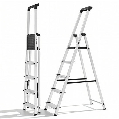 Sweetcrispy 5 Step Ladder, 330lbs Folding Step Stool with Anti-Slip Wide Pedal,Tool Tray, Aluminum Stool Ladders, Safety Household Ladder for Home Kitchen Courtyard Outdoor