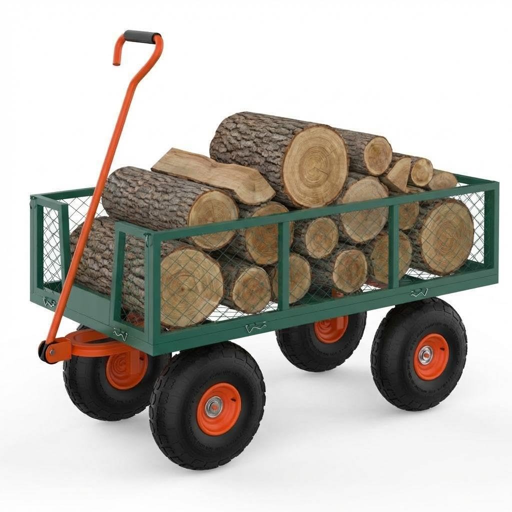 500 LBS Heavy Duty Steel Garden Cart, Metal Utility Yard Wagon with 10" Wheels, 180° Rotating Handle & Removable Mesh Sides for Landscaping, Lawn, Farm, Outdoor Use