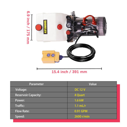 SHORELEV 12V DC Double Acting Hydraulic Power Unit, 4L Plastic Reservoir, for Dump Trailers, Farm Equipment, Utility Trailers, and Marine Applications