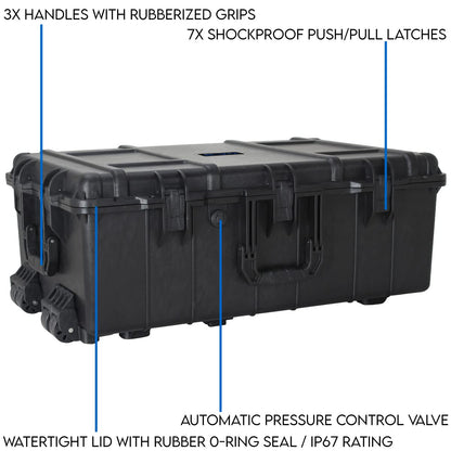 DCB Cases - Element 7975F | 32 x 21 x 12 Ext Dim | IP67 Waterproof | Pluck Foam Insert | Telescoping Handle | Rubberized Grips | Resin-Reinforced Injection Molded Plastic | 7 Latch Lid Close | Wheels