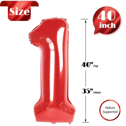 Red Number 1 Balloon 40 Inch, 1st Birthday Balloon for Baby Boy Girl Toddler First Birthday Decorations, Shiny Red Party Supplies