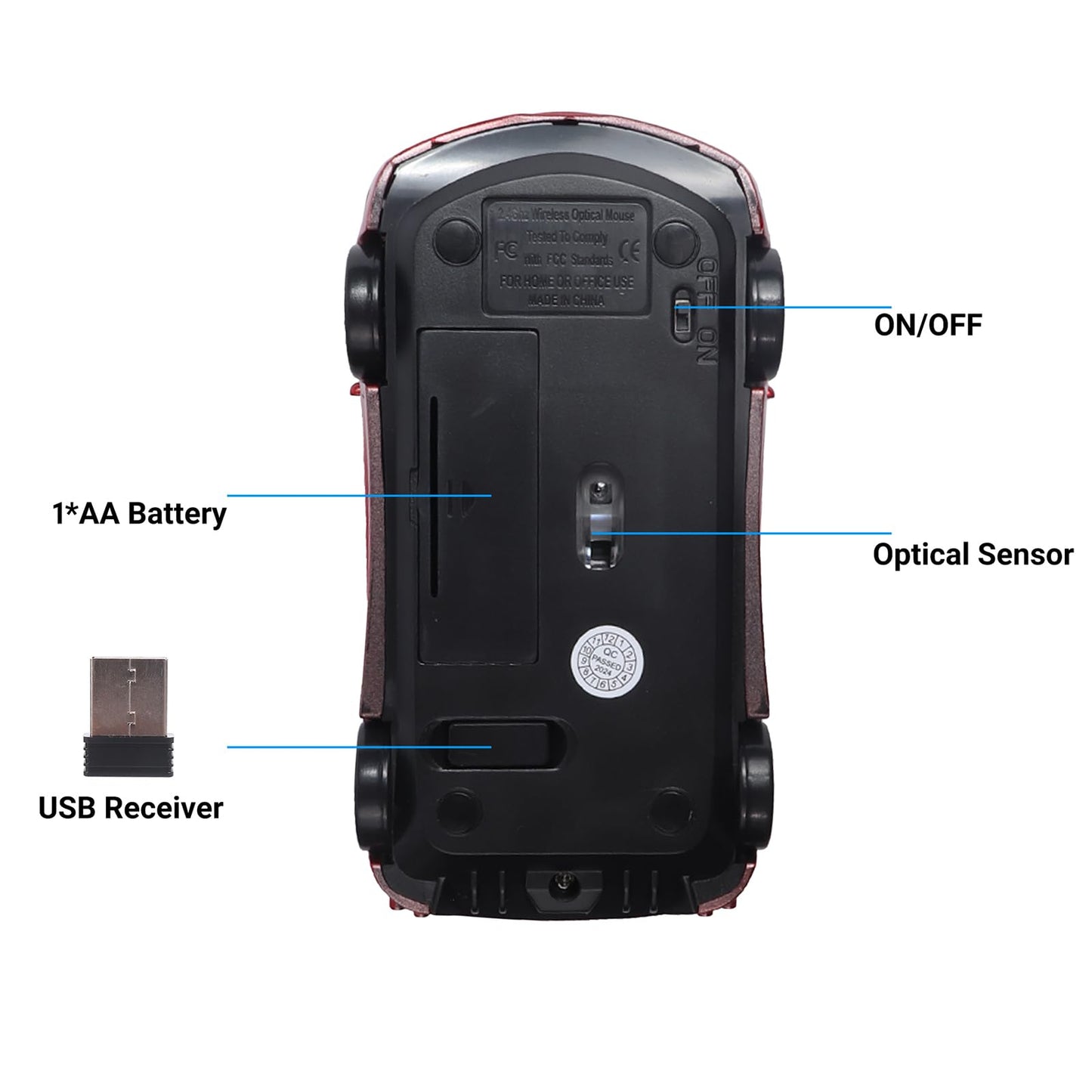 elec Space Wireless Mouse, 2.4GHz Cool Sport Car Shape Computer Mouse 1600 DPI Optical Cordless Mice with USB Receiver for PC Laptop Computer Notebook (Red)
