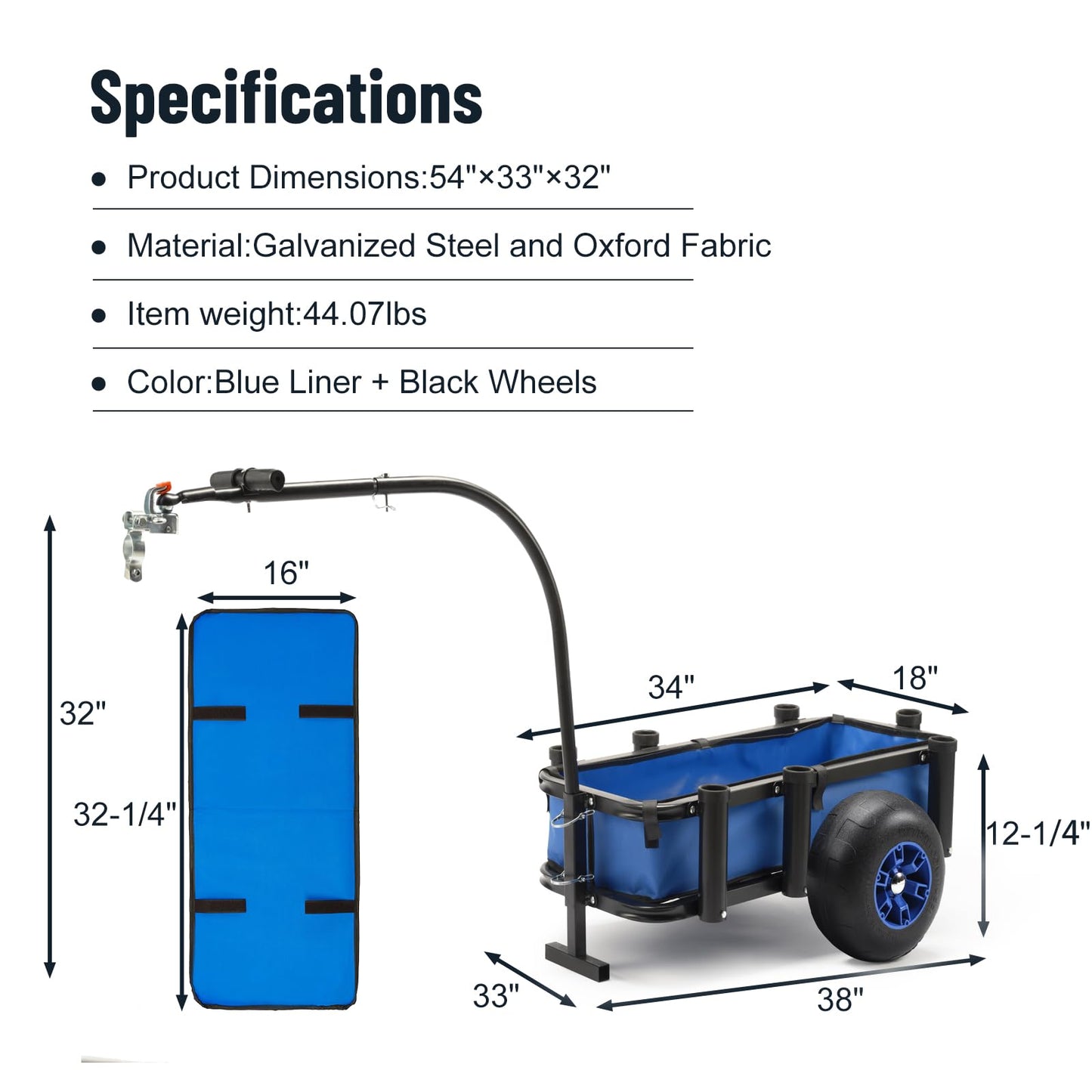 ONECHOI Beach Fishing Cart, 13" Big Wheels Black PU Solid Balloon Tires for Sand, Fishing Wagon Cart Large Capacity with 32-1/4" L x 16" W Liner and PP Plate, Heavy Duty Surf Cart w/Bicycle Hitch