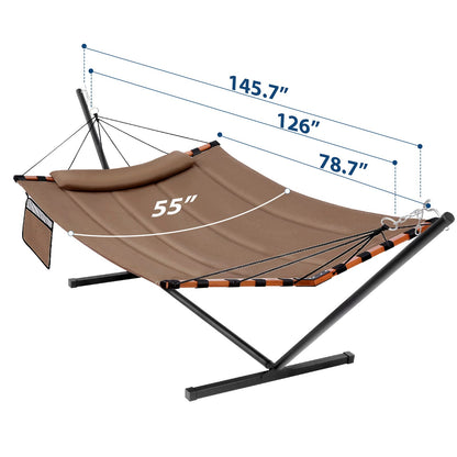TegerDeger 12FT 2 Person Hammock with Stand Included 55 x 79IN Large Hammock 450LB Capacity with Hardwood Spreader Bar & Nylon Rope for Outside, Patio, Garden, Backyard, Beach, Poolside - Brown