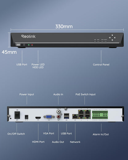 REOLINK 36CH Network Video Recorder for Home Security Camera System, No PoE Port, Requires Reolink PoE Switch, Integrated O/I Alarm System, Up to 48TB Storage, No HDD Included, RLN36