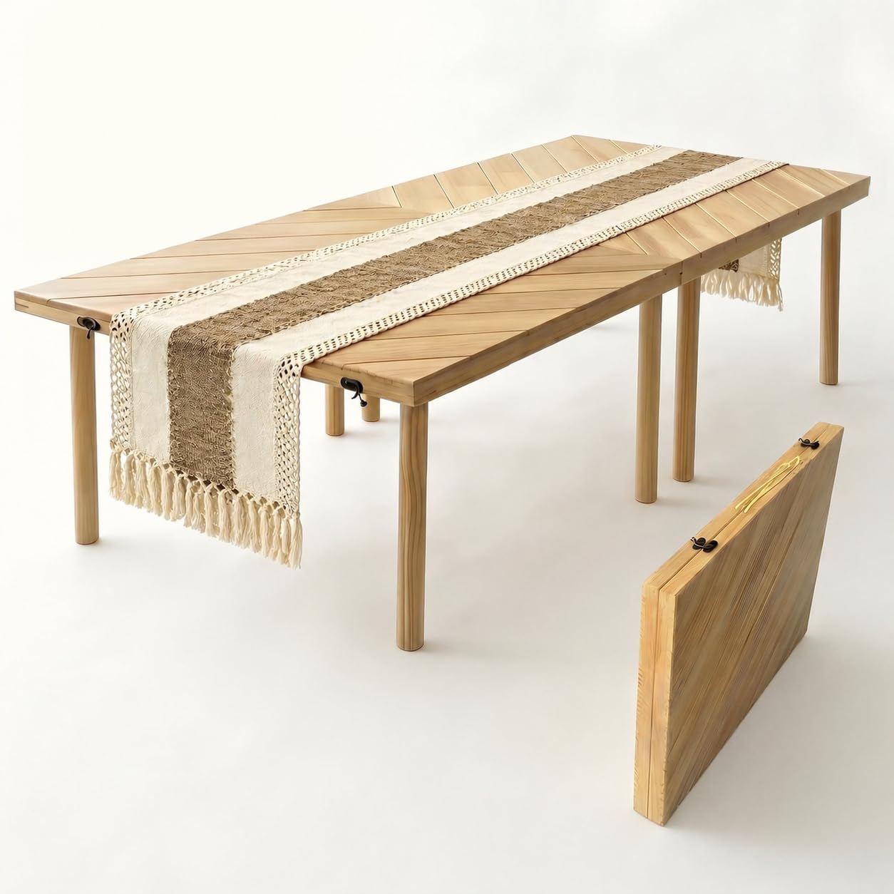 Tademis 60" x 30" Folding Picnic Table with Table Runner,Upgraded 8-Legs, Extra Stable Boho Low Wood Table, Portable Large Picnic Table for Floor Seating, Adjustable Height for Beach, Wedding, Party