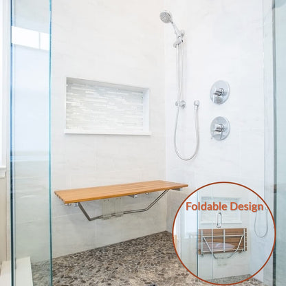 36" Foldable Teak Wood Shower Seat Bench, 400 lb Capacity, (Seating Size: 35.5" W x 15.75" D), Clear-Coated for Extra Protection, Wall Mount Folding Bathroom Stool Chair, Modern Chrome