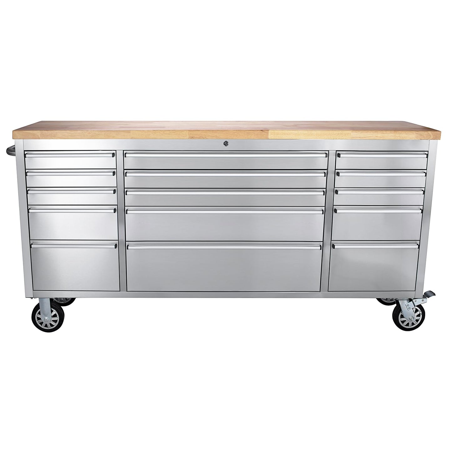 72 Inch Heavy Duty Rolling Tool Chest, Stainless Steel Tool Cabinet with 15 Drawers, Solid Wood Top Workbench, Mobile Toolbox Organizer with Locking Wheels, Power Outlets, for Garage, Workshop, Storag