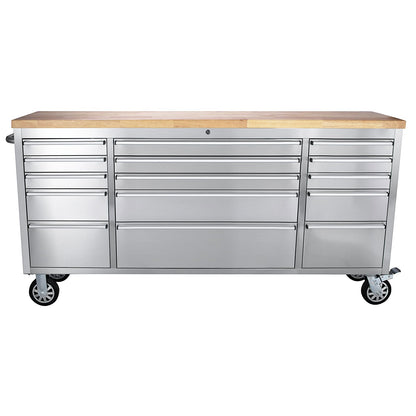 72 Inch Heavy Duty Rolling Tool Chest, Stainless Steel Tool Cabinet with 15 Drawers, Solid Wood Top Workbench, Mobile Toolbox Organizer with Locking Wheels, Power Outlets, for Garage, Workshop, Storag