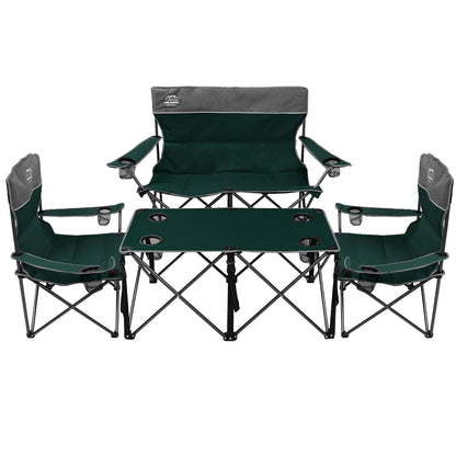 LANMOUNTAIN Oversized 4 Pcs Camping Chair Set with Table,Outdoor Folding Heavy Duty Lawn Chair,Cup Holder,Portable,Loveseat Chair Perfect for Family Hiking,Picnics and Beach Trips,Dark Green