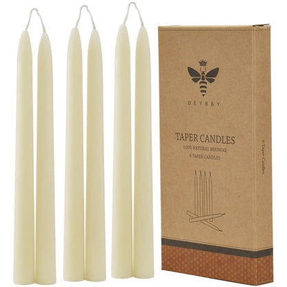 10 inch Natural Ivory White Beeswax Taper Candles Set of 6, DEYBBY Smokeless and Dripless Beeswax Candles, Long Lasting Burning