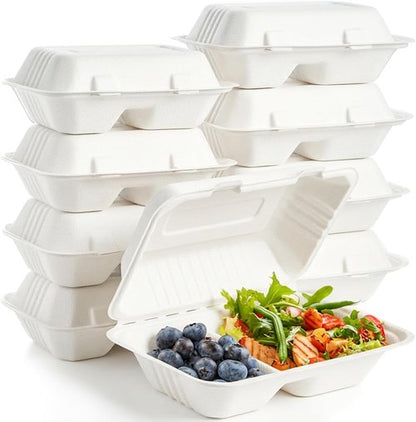 Elsjoy 90-Pack Compostable Clamshell Take Out Containers - 2-Compartment, 9" x 6", Microwave Safe