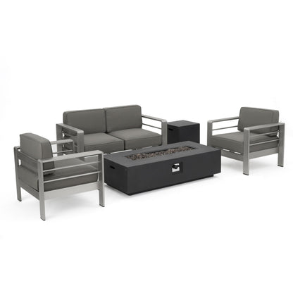 Christopher Knight Home Cape Coral Outdoor Chat Set with Fire Table, 5-Pcs Set, Khaki / Dark Grey