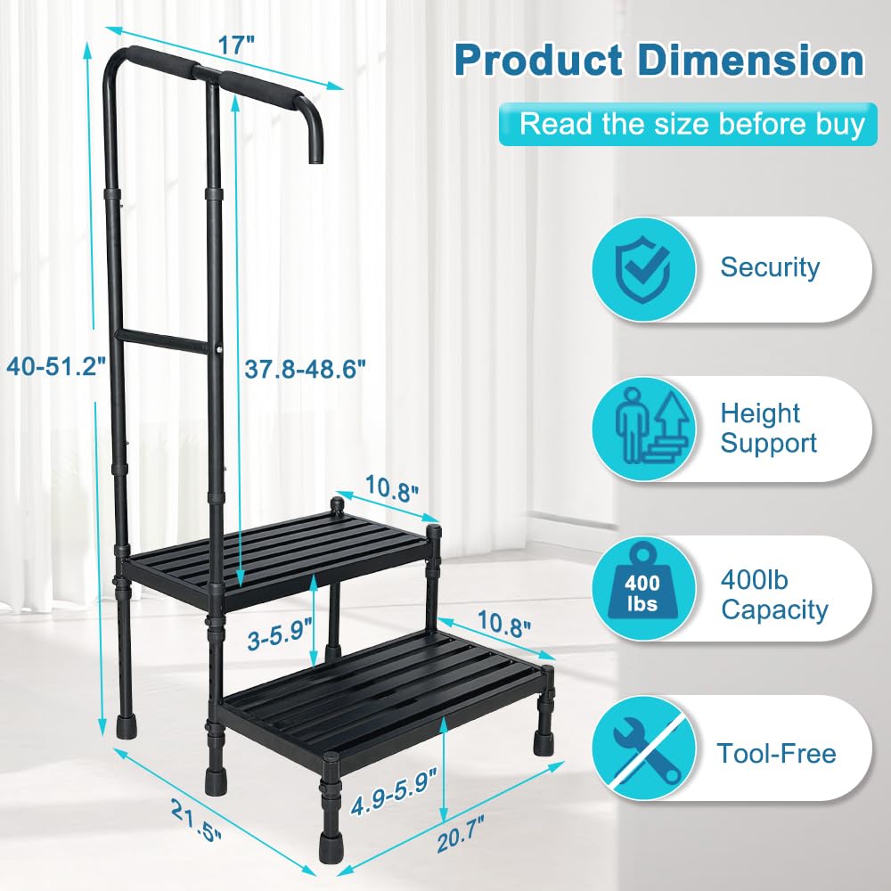 2 Step Stool with Handle for Elderly Seniors, Medical Safety Bedside Steps for High Beds Adults, Car RV Steps Platform with Handrail Heavy Duty Adjustable, Handicap Metal Stepping Stool Non Slip