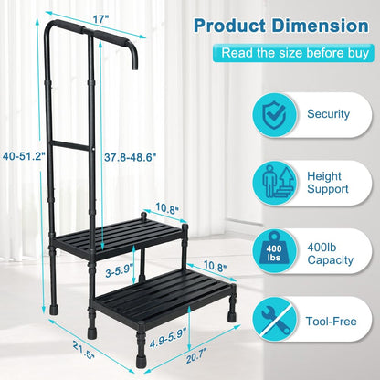 2 Step Stool with Handle for Elderly Seniors, Medical Safety Bedside Steps for High Beds Adults, Car RV Steps Platform with Handrail Heavy Duty Adjustable, Handicap Metal Stepping Stool Non Slip