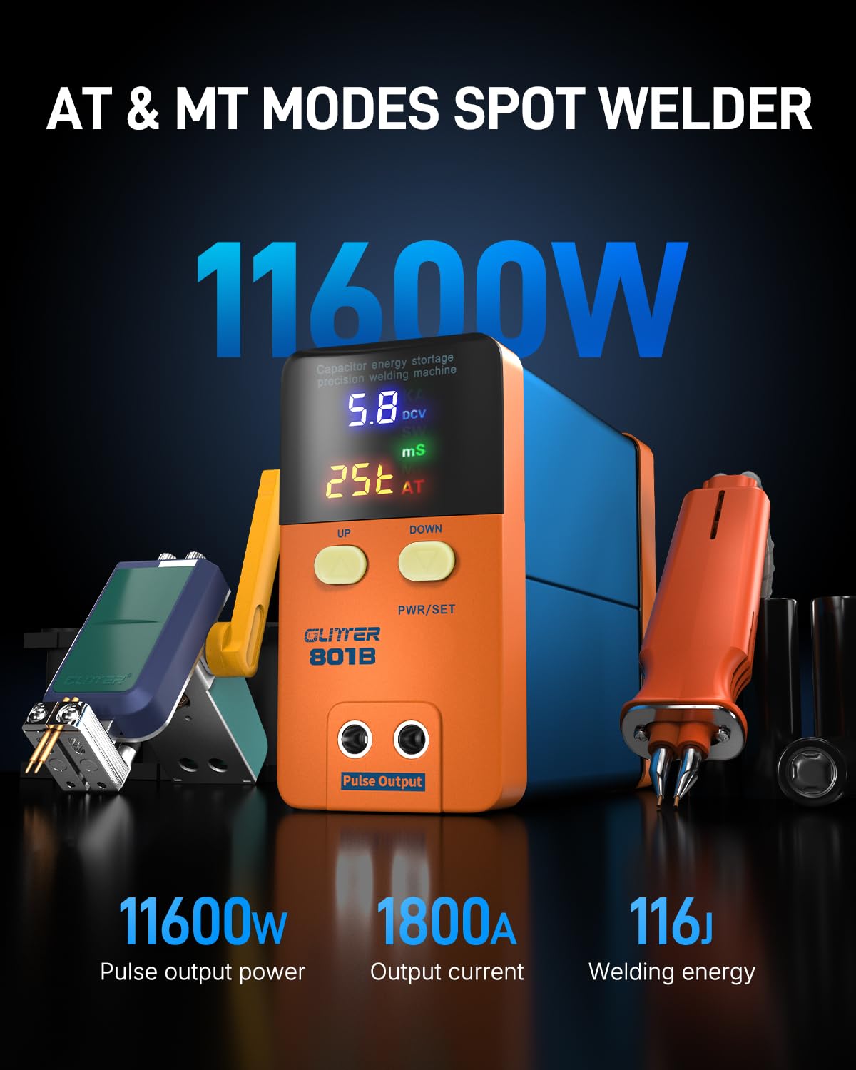 GLITTER Spot Welder, 11600W 1800A Battery Spot Welder, Auto & Manual Capacitor Spot Welder for Lithium Batteries with Foot Pedal, 99 Gears Battery Welder for Batch Build 18650 Battery Pack DIY, 801B