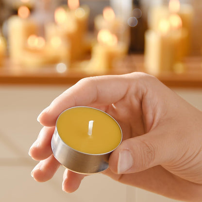 50-Pack Pure Beeswax Tealight Candles in Aluminum Cups - 4-5 Hour Burn Time, Lead-Free Cotton Wick, Natural Unscented Candles