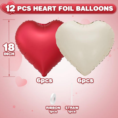 Red White Heart Balloons,12Pcs 18Inch Cream White Metallic Red Heart Shaped Foil Helium Balloons for Birthday Anniversary Wedding Engagement Party Decorations